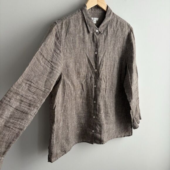 J Jill Love Linen Shirt Large Heather Brown Button Up Essential Shirt Long Slv - Picture 6 of 8